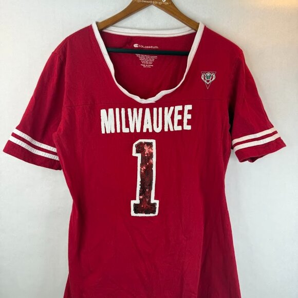 MILWAUKEE BUCKS Red Sequin Jersey T-Shirt - Picture 1 of 4